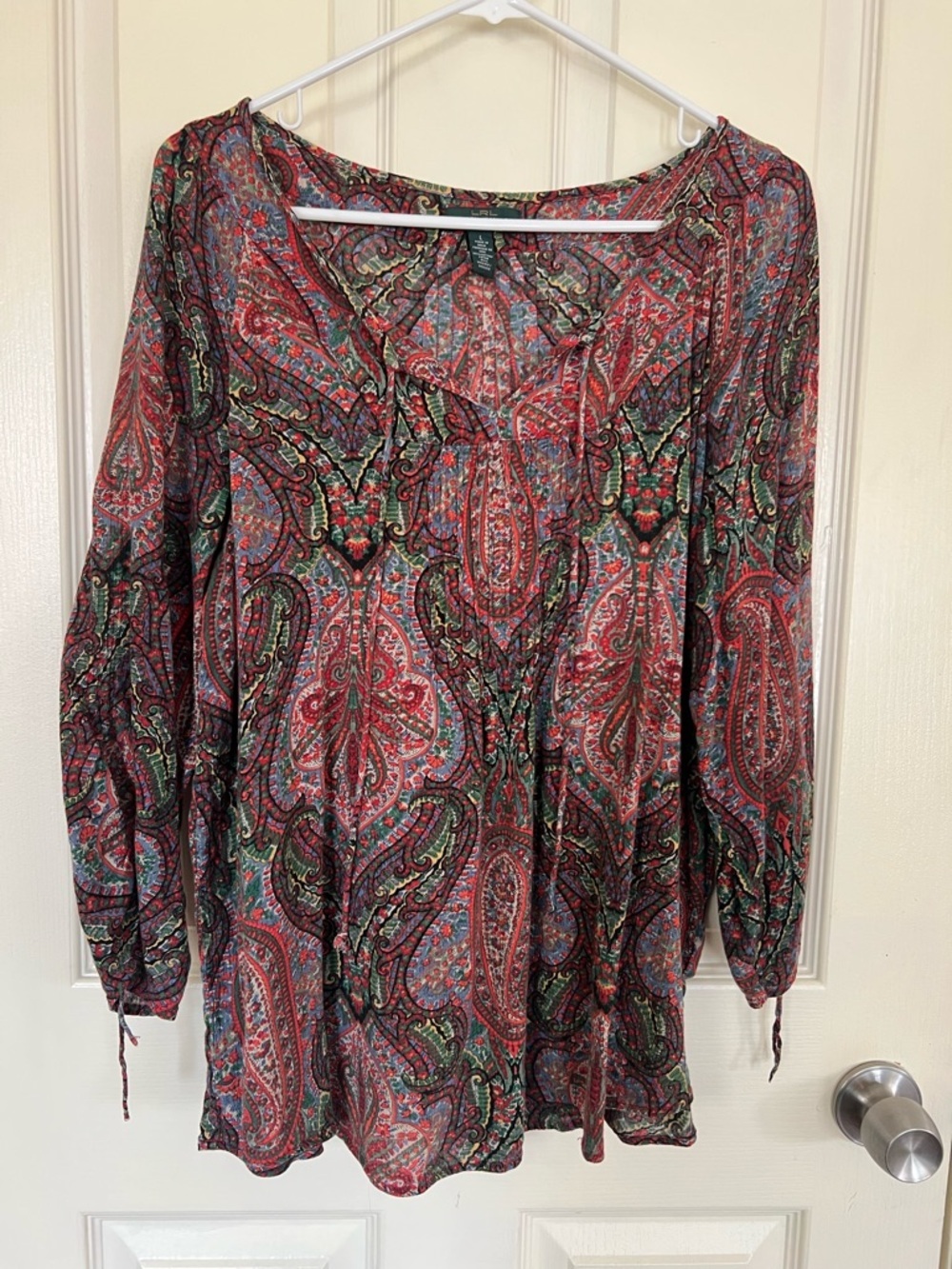 Lauren Jeans Co Ralph Lauren Paisley Boho Peasant Top Large Tie Neck Blouse